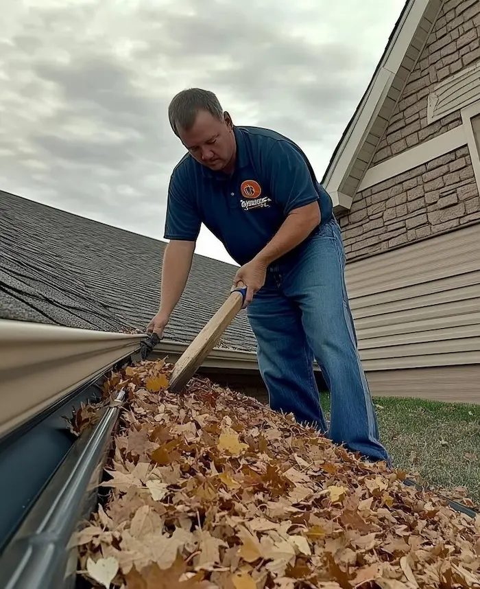 A professional cleaner performing thorough yard maintenance and gutter debris removal to ensure home exterior cleanliness.