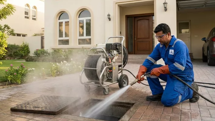 High pressure drain line jetting service cleaning blocked pipes and preventing clogs