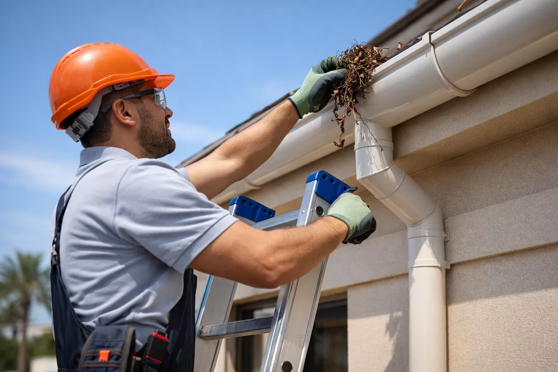 Professional gutter cleaning technician removing debris from white gutters on a modern Dubai villa using safety equipment.