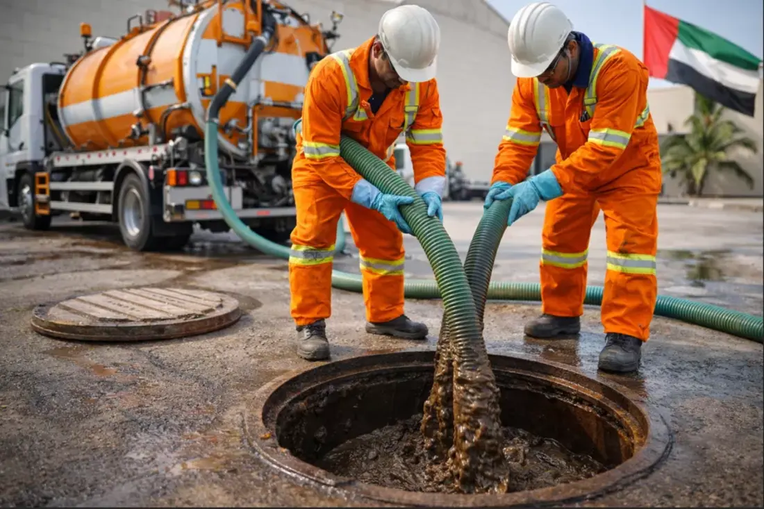 Professional workers performing sewage tank cleaning in Dubai using vacuum equipment to remove sludge safely.