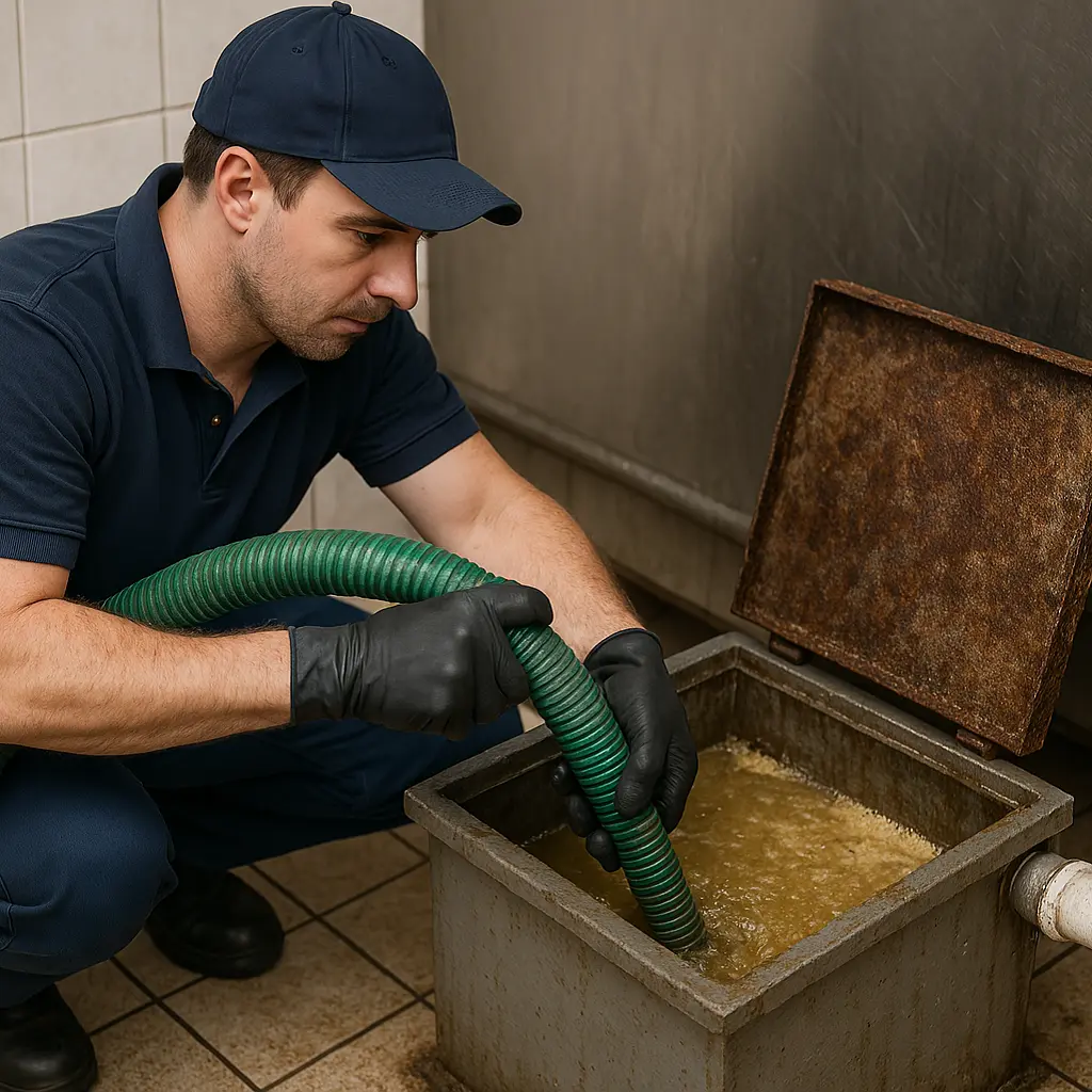 Blocked grease trap in commercial kitchen causing drainage issues in Dubai
